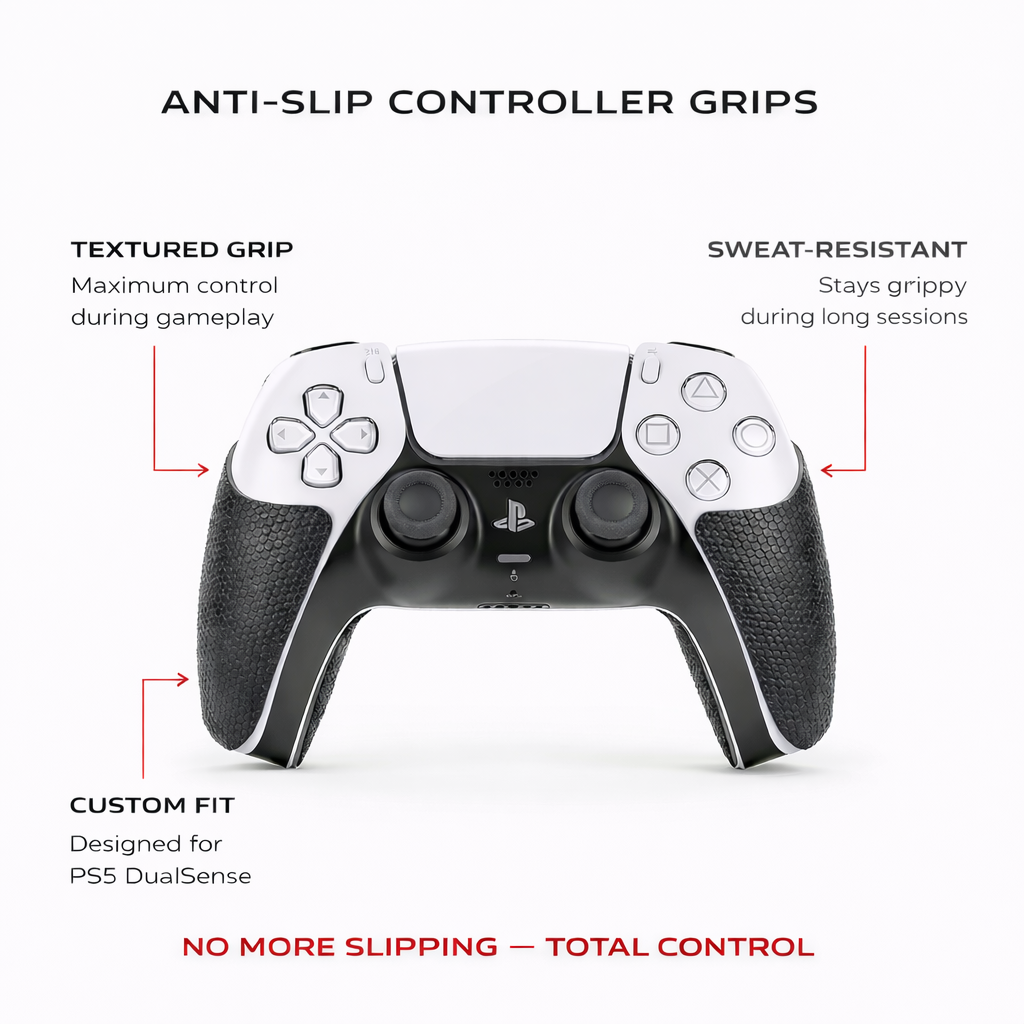 PS5 Controller Grips infographic showing anti-slip features and installation