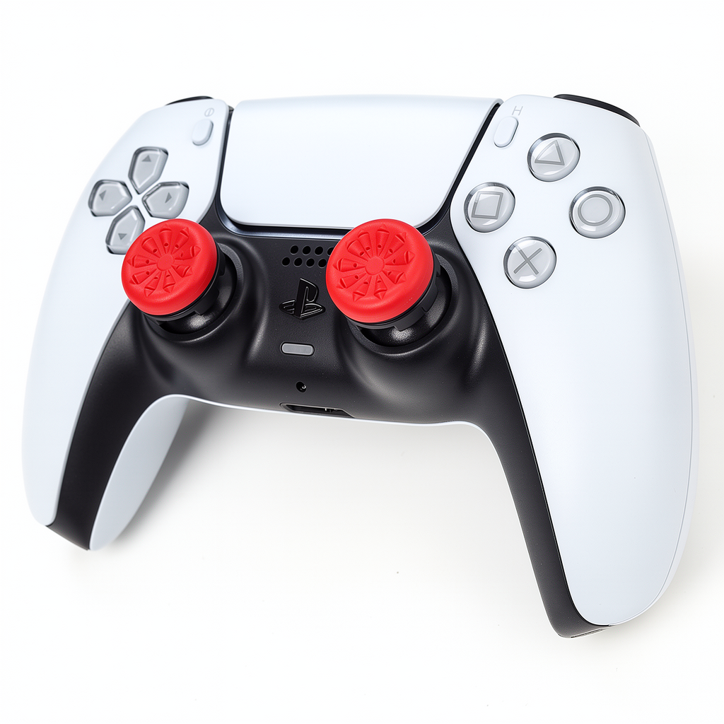 PS5 DualSense controller with FPSgrip red FPS extenders installed on thumbsticks
