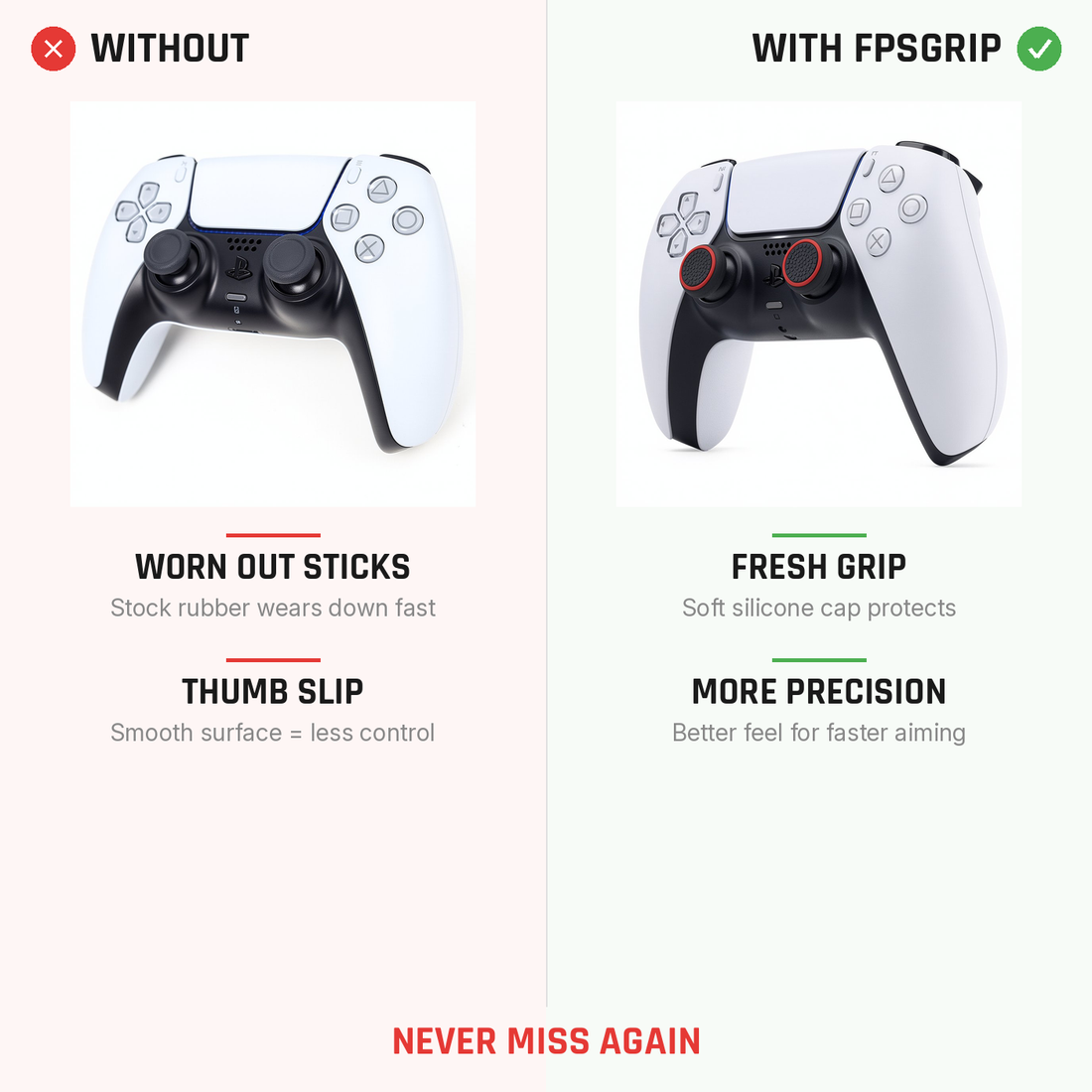 Universal Grip Caps comparison showing improved thumbstick grip before and after