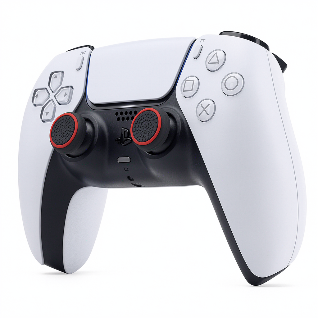 PS5 controller with FPSgrip universal grip caps installed on thumbsticks