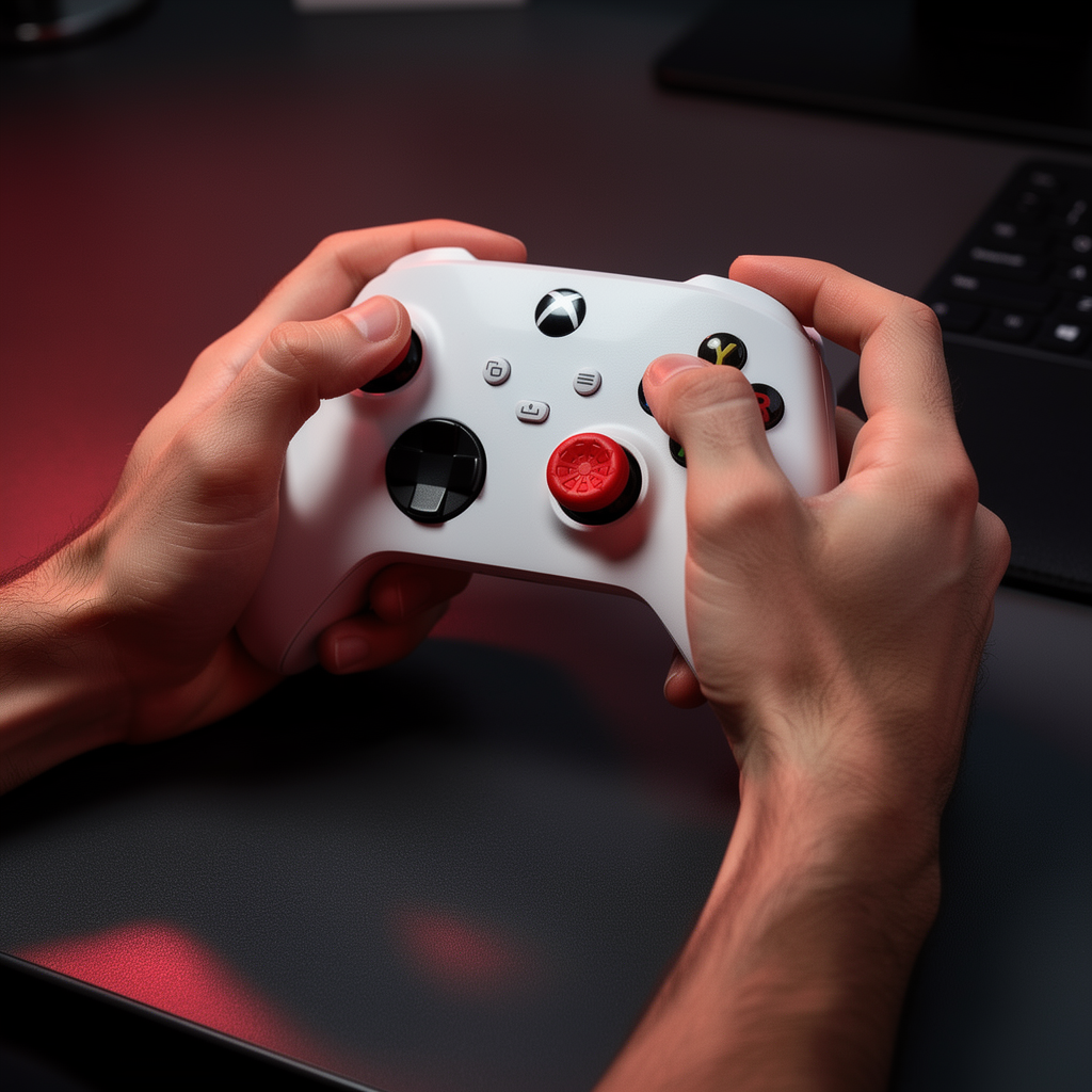 Hands holding Xbox controller with FPSgrip FPS extenders installed