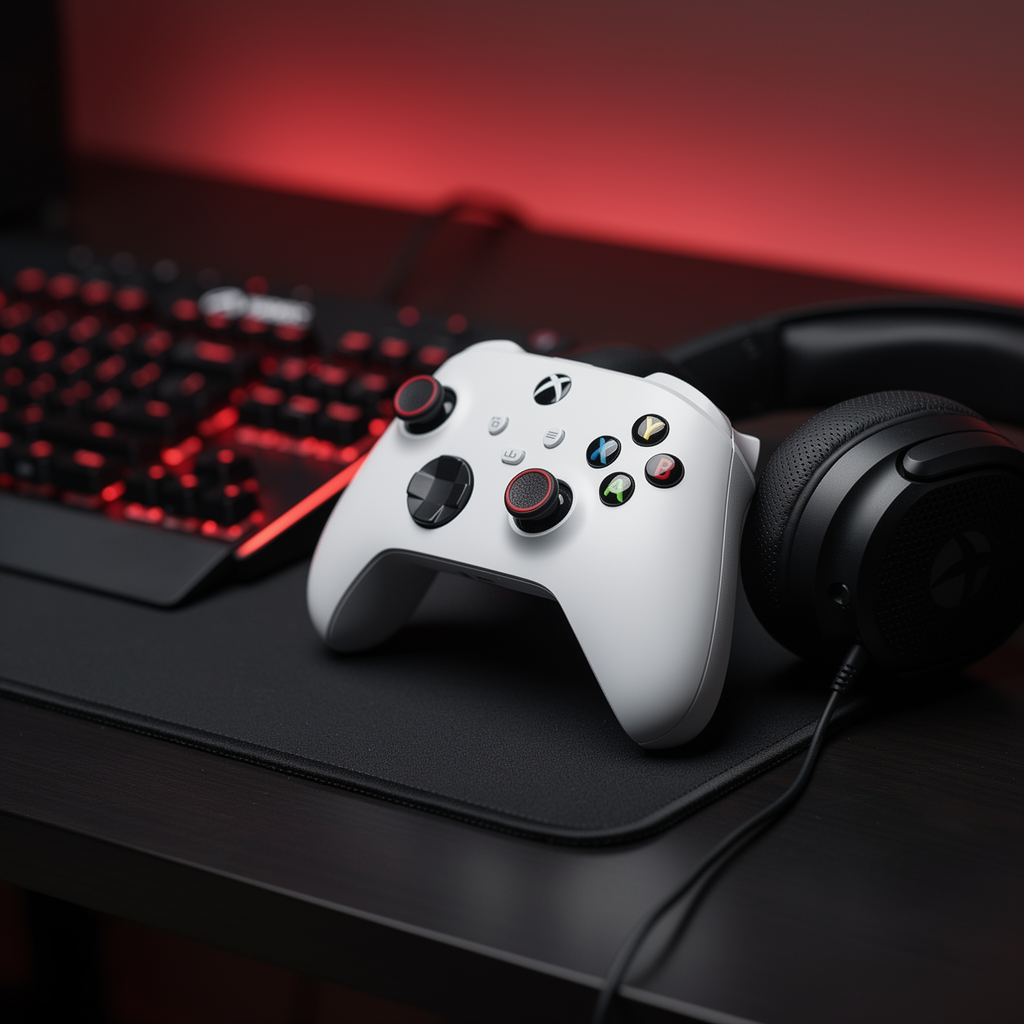 Xbox controller with FPSgrip thumb grips in red gaming setup
