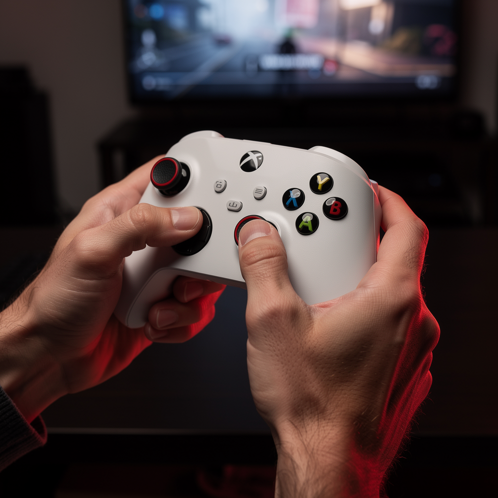 Hands holding Xbox controller with FPSgrip thumb grips installed