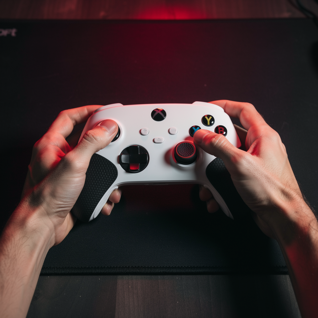 Hands holding Xbox controller with FPSgrip accessories installed