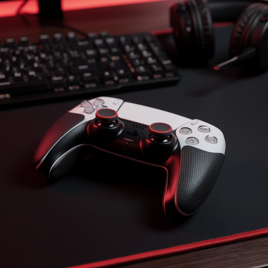 PS5 controller with Comfort Kit accessories in red gaming setup