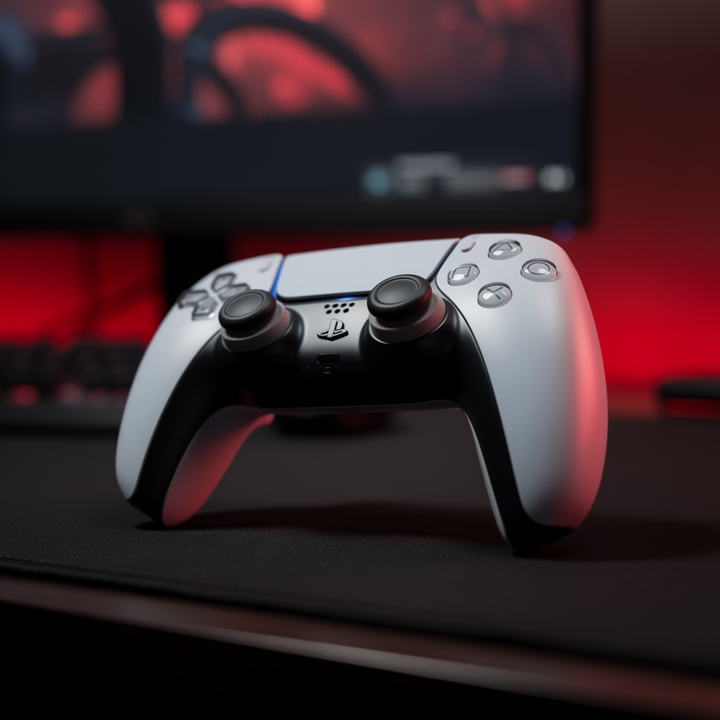 PS5 DualSense controller with precision rings in red gaming setup