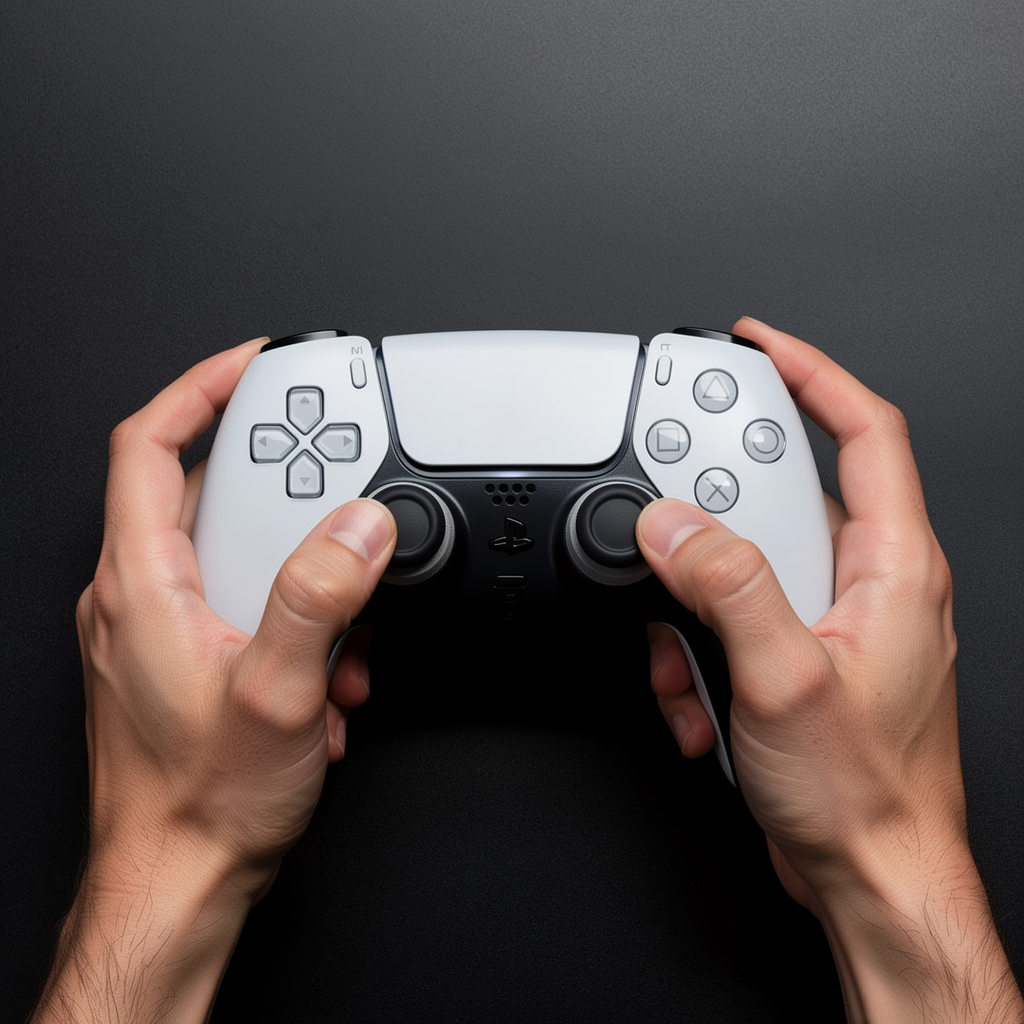 Hands holding PS5 DualSense controller with FPSgrip precision rings installed