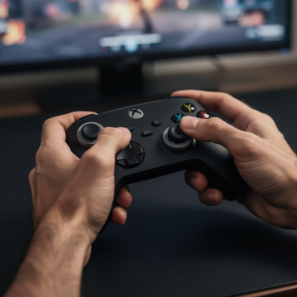 Hands holding Xbox controller with FPSgrip precision rings installed