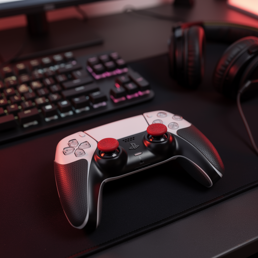 PS5 controller with Pro Kit accessories in red gaming setup