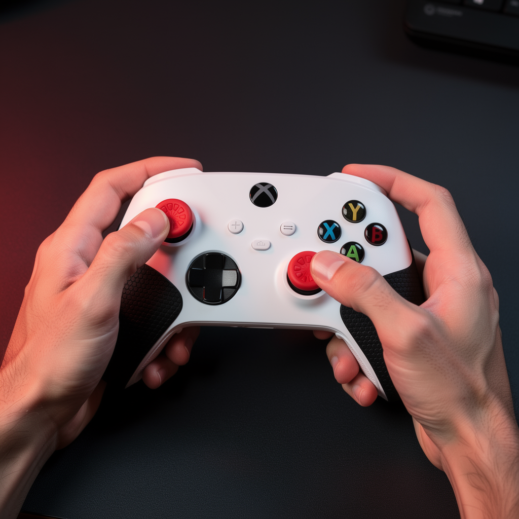 Hands holding Xbox controller with FPSgrip accessories installed