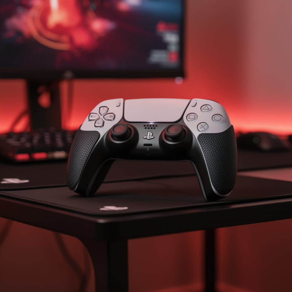PS5 DualSense controller with FPSgrip grip stickers on gaming desk