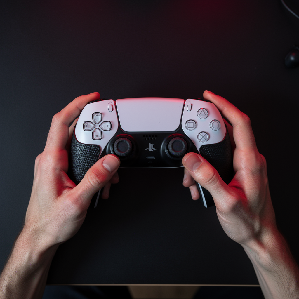 Hands holding PS5 DualSense controller with FPSgrip accessories