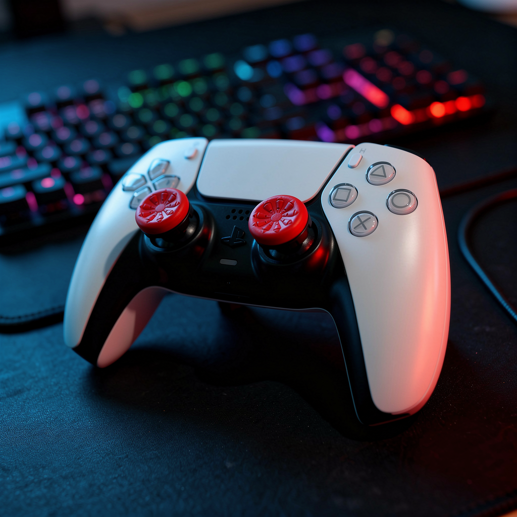PS5 DualSense controller with FPS extenders on gaming setup with RGB keyboard