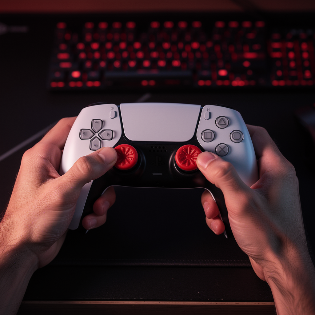 Hands holding PS5 DualSense controller with FPSgrip FPS extenders installed