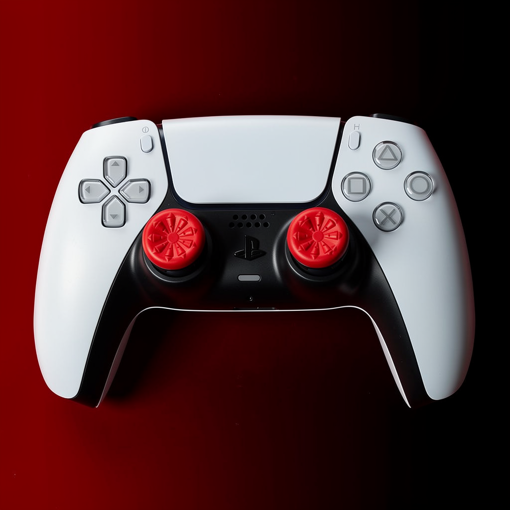 PS5 DualSense controller with red FPS extenders close-up product photo