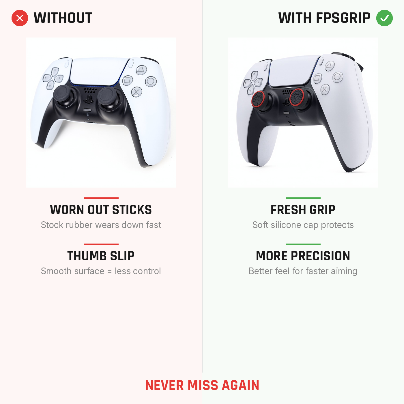 Universal Grip Caps comparison showing improved thumbstick grip before and after
