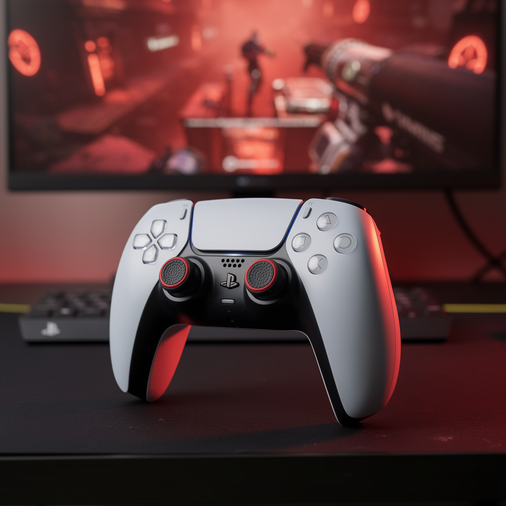PS5 DualSense controller with FPSgrip grip caps close-up in gaming setup