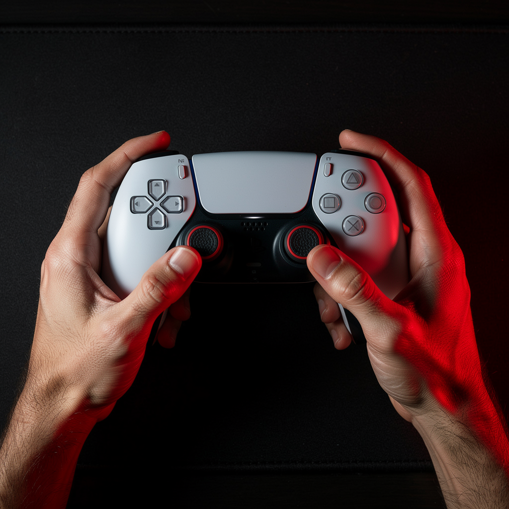 Hands holding PS5 DualSense controller with FPSgrip thumb grips installed