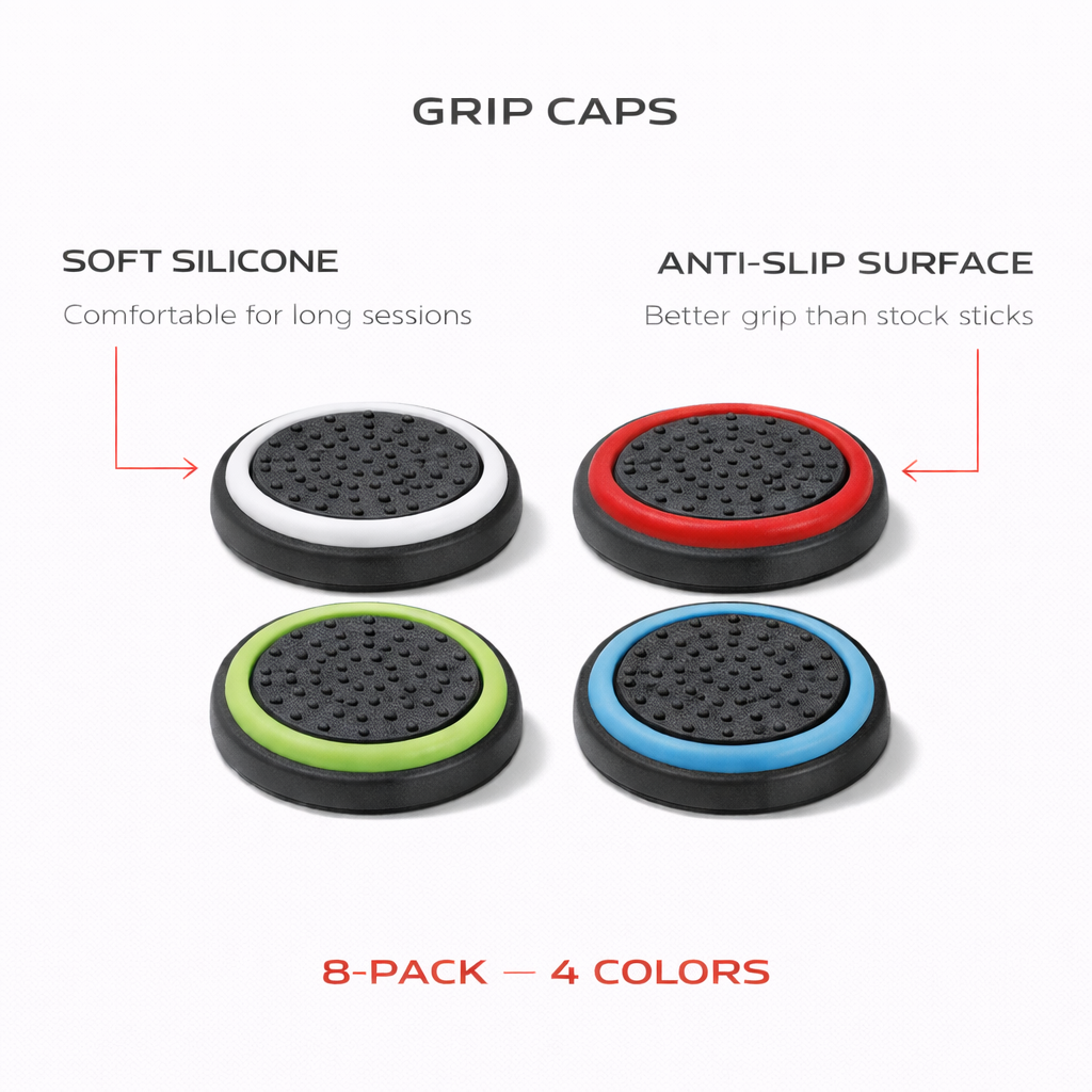Universal Grip Caps infographic showing soft silicone and anti-slip surface features