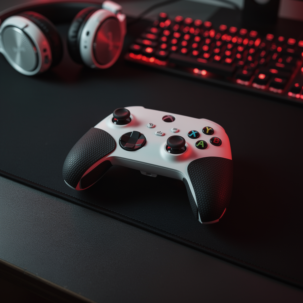 Xbox controller with FPSgrip grip stickers in red gaming setup