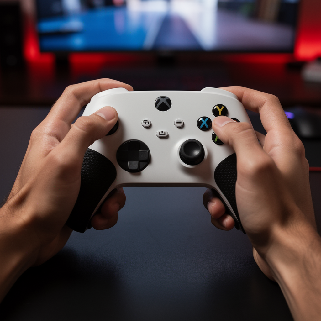 Hands holding Xbox controller with FPSgrip accessories installed