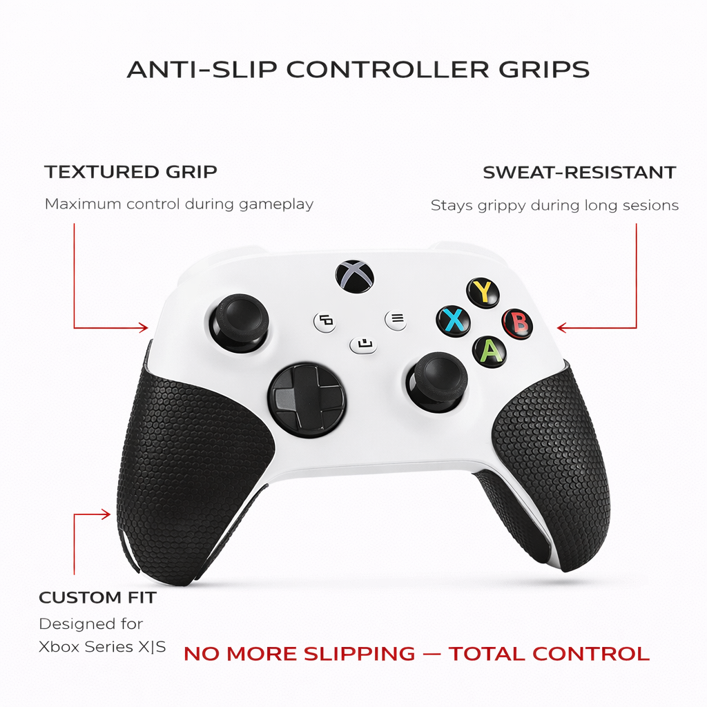 Xbox Controller Grips infographic showing anti-slip features and installation