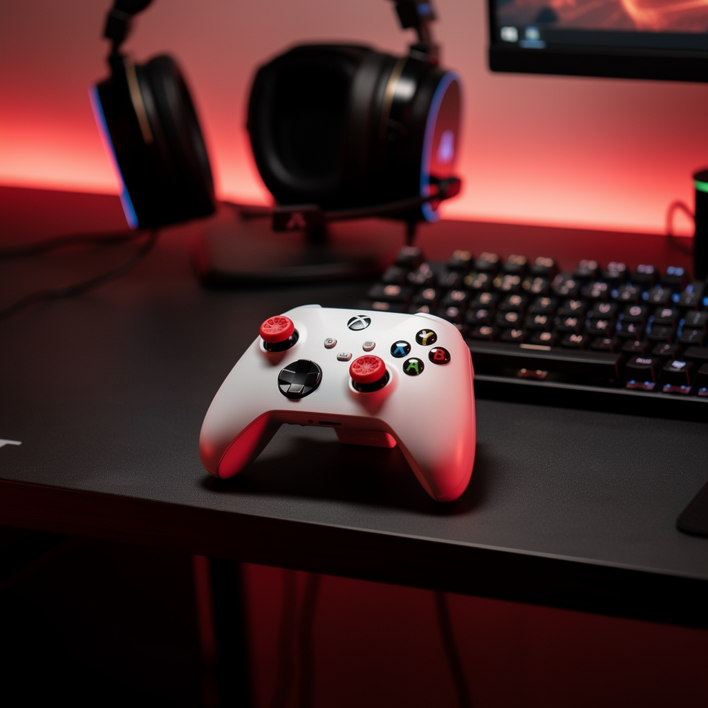 Xbox controller with FPS extenders in red gaming setup