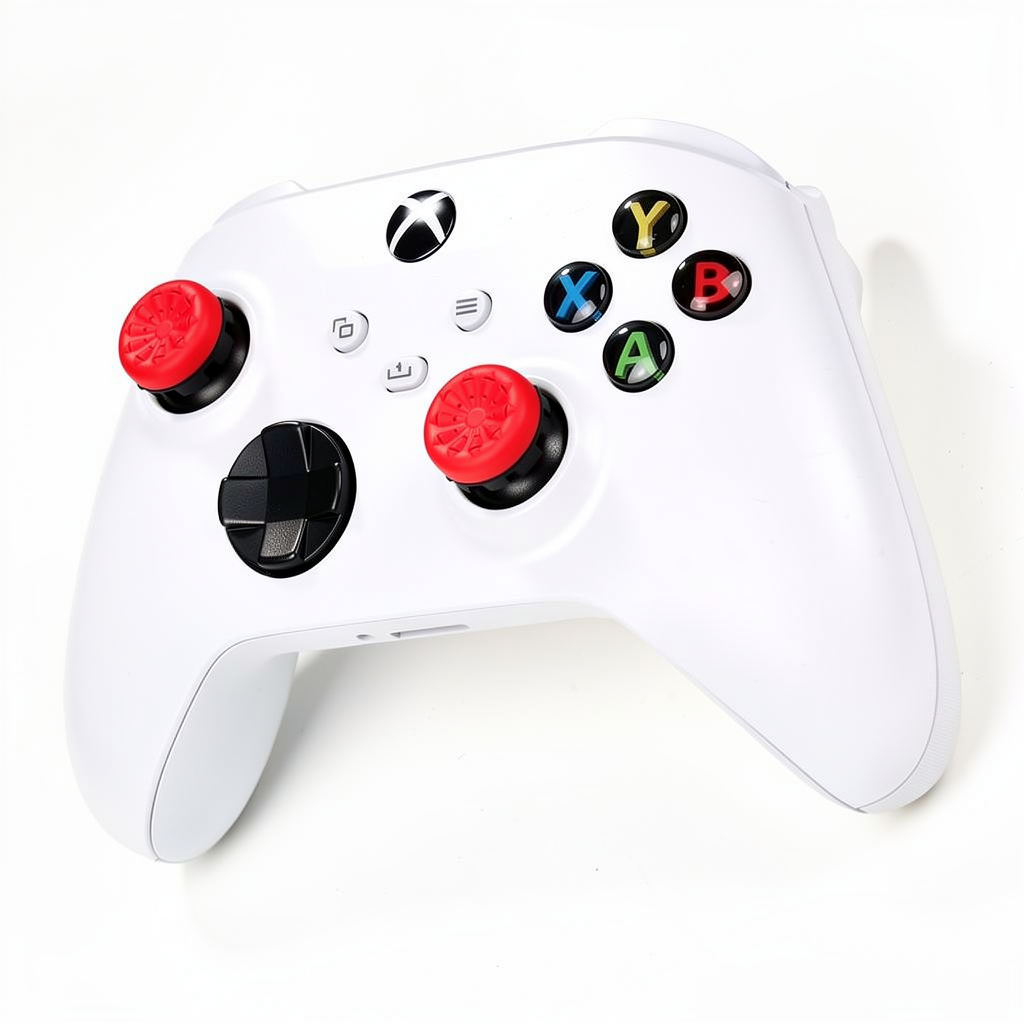 Xbox controller with FPSgrip red FPS extenders installed on thumbsticks