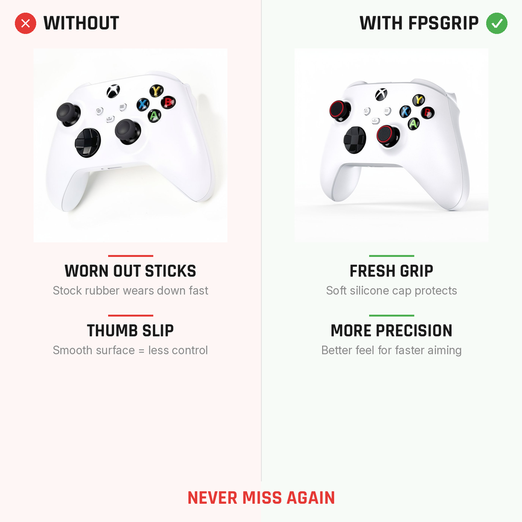 Universal Grip Caps comparison showing improved thumbstick grip before and after