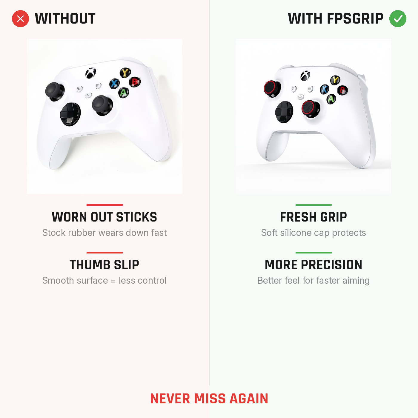 Universal Grip Caps comparison showing improved thumbstick grip before and after