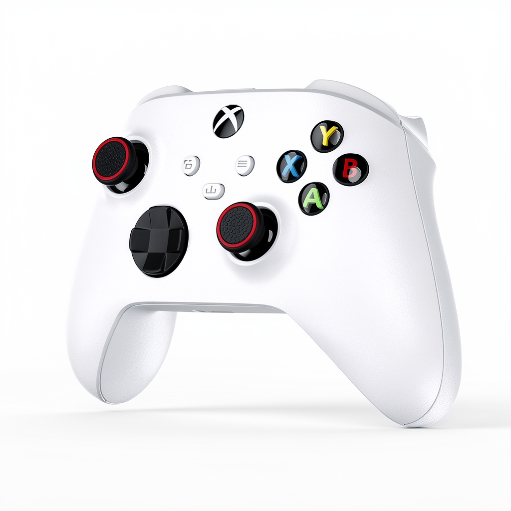 Xbox controller with FPSgrip red thumb grip caps installed on thumbsticks